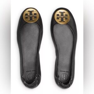 Tory Burch Black Flats with Gold Emblem